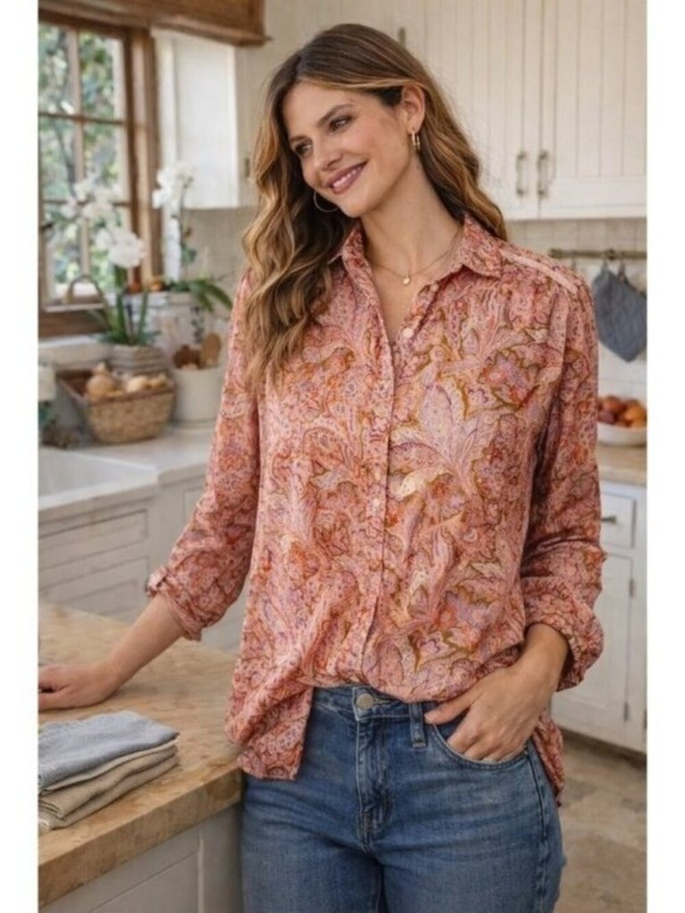 Sundance Poppy Bloom Oversized Long Sleeve Popover Top Shirt Saize XL